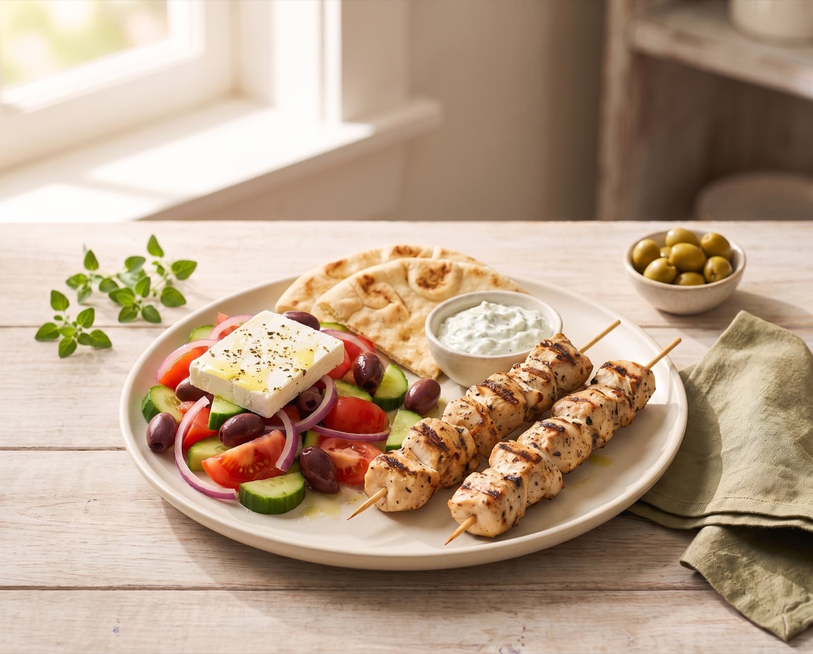 Greek plate: souvlaki, horiatiki salad, pita, tzatziki